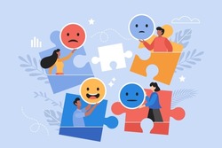 Customer feedback, user experience or client review rating business concept. Modern vector illustration of people team holding emoji  icons with puzzle jigsaw elements