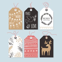 Modern Christmas gift tags with hand drawing elements. Vector illustration