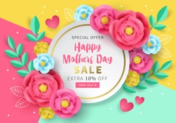 Mothers day sale banner template for social media advertising, invitation or poster design with paper art flowers background. Vector illustration