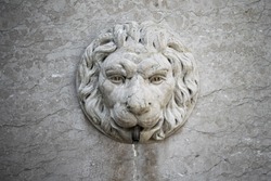 Ancient italian stone fountain with lion head. Fresh water