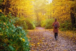 a girl walks in an autumn park
