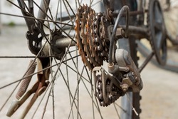 Mountain bike rust rear gearwheel detail. Parts of the bike.