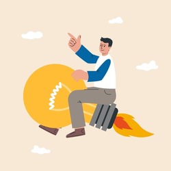 Man leader riding flying bright lightbulb lamp with rocket booster in the cloud sky. Creative new idea, innovation start up business or inspiration to achieve success goal. Vector illustration