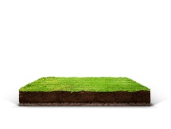 cubical cross section with underground earth soil and green grass on top, cutaway terrain surface with mud and field isolated