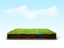 cubical cross section with underground earth soil and water and green grass on top, cutaway terrain surface with mud and field isolated