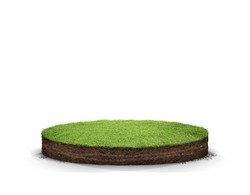 3D Illustration round soil ground cross section with earth land and green grass, realistic 3D rendering circle cutaway terrain floor with rock isolated