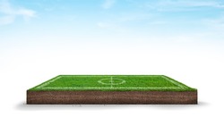 cubical cross section football stadium with underground earth soil and green grass on top, cutaway terrain surface with mud and field isolated, stadium isolated