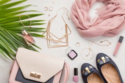 Flat lay with women accessories. Fashion, trends and shopping concept