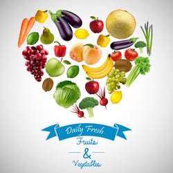 Heart of fruits and vegetables with blue ribbon.vector