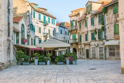City of Split, Croatia, cafes and shops on an early morning on the Fruit Square in the Diocletians Palace section of Old Town