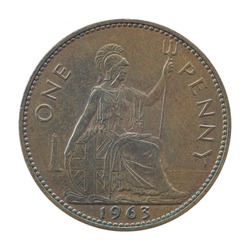 1963 uk 1 one penny bronze copper coin with close up portrait of queen isolated on white background