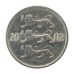 Old inactive Estonian coin of 2002 with a denomination of 10 ten cents close-up isolated on a white background