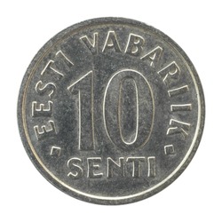 Old inactive Estonian coin of 2002 with a denomination of 10 ten cents close-up isolated on a white background