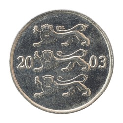 Old inactive Estonian coin of 2003 with a denomination of 20 twenty cents close-up isolated on a white background