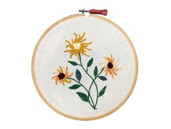 Hand embroidered stitch flower design on wooden frame, Russian traditional embroidery with roughly manufactured fabric with wooden frame, viscose embroidery, Russian handicrafts, homemade Russian arts