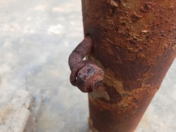 Close up on an old rusted  bolt and nut  joint and connected on a rusty metal pole with grey concrete floor as the background