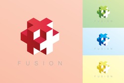 Modern style cube vector in red, blue, green and yellow color with Fusion text.