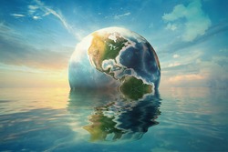 Planet Earth is floating over the ocean ... Sea Freight, Global warming, Travel Concept
