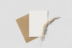 Blank greeting card, invitation mockup. Dry grass, pampas plant on white table background. Flat lay, top view. Copyspace. Blank paper cards, mock up. Modern Minimal business brand template. A6.
