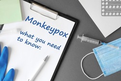 The word Monkeypox what you need to know on Gray modern doctor desk table background. Mask, notepad, syringe and supplies. Monkey pox spreading. Medicine and healthcare, medical education. Top view.