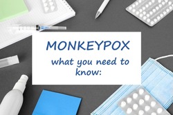 The word Monkeypox what you need to know on Gray modern doctor desk table background. Mask, notepad, syringe and supplies. Monkey pox spreading. Medicine and healthcare, medical education. Top view.