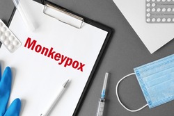 The word Monkeypox VIRUS on Gray modern doctor desk table background. Mask, notepad, syringe, blue gloves and supplies. Monkey pox spreading. Medicine and healthcare, medical education. Top view.