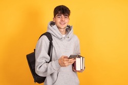 isolated student with mobile phone