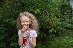 A girl bites a plum.A girl with a lush hairstyle in the garden against a plum background.A toothless baby is trying to bite off a fruit.Funny and cheerful girl tries plum.Hairstyle after curls