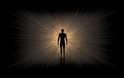 Human being or individuality or personality psychologic concept with abstract human body silhouette surrounded golden rays on black background. Vector illustration
