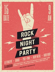 Rock Night Party Poster. Flyer. Vintage Styled Vector Illustration.