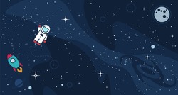 Vector flat space design background with text. Cute template with Astronaut, Spaceship, Rocket, Moon, Black Hole, Stars in Outer space