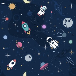 Vector flat space seamless pattern background. Cute color template with Astronaut, Spaceship, Rocket, Moon, Black Hole, Stars in Outer space