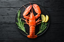 Lobster with spices on a dark background. Top view. Free copy space.