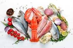 Seafood on a white background. Lobster, fish, shellfish. Top view. Free copy space.