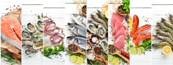 Banner collage. Fish and seafood on white wooden background.