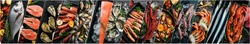 Seafood. Big photo collage: fish, shrimp, shells and lobsters on a black stone background. Banner.