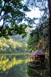 The natural landscape scenery of the wooden cabin or hut surrounded by lake and green pine forest. The water reflection view makes me relax and peaceful after outdoor activity on a holiday vacation.