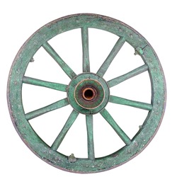 Old ironed, green wagon or carriage wheel on white background.