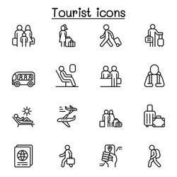 Traveler and Tourist icon set in thin line style