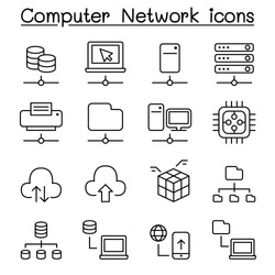 Computer Network & Server Hosting icon set in thin line style