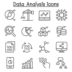 Data mining Technology , Data Transfer , Data warehouse analysis icon set in thin line style
