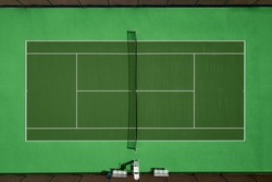 Aerial view of green tennis hard court.