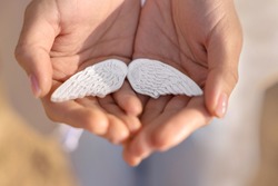 White gypsum wings in the hands of a girl. Gently holds the concept of psychology in her hands. Hope, psychology, tenderness, care, help.