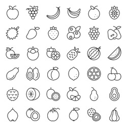 Cute fruit outline icon set, such as orange, kiwi, coconut, banana, papaya, peach, tropical fruits