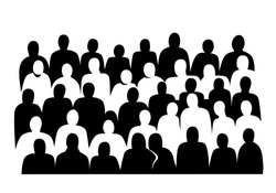 Group of people silhouettes vector banner design. Female and male black figures clipart. character of audience in the conference hall. Women, men on white background. Crowd isolated illustration