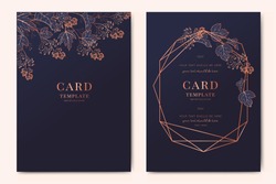 Wedding Invitation, floral invite thank you, rsvp modern card Design in copper peony with navy blue and tropical palm leaf greenery eucalyptus branches decorative Vector elegant rustic template