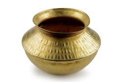 Indian kitchen utensil brass metal pot on white background  