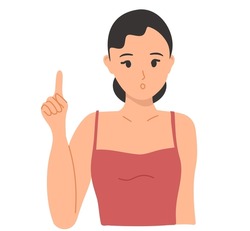 Young light-skinned brunette raised her index finger up. A great idea came to mind. Illustration of a young business student in an open dress, isolated on a white background