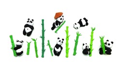 Plasticine pandas and bamboo set. Isolated on white. Clipart, blanks for collage.