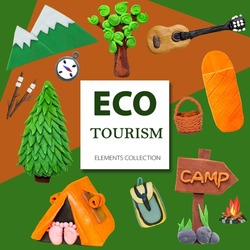 Set of ecotourism plasticine elements for camping: tent, backpack, bonfire, guitar, trees. The concept of ecological travel and tourism. The inscription 
